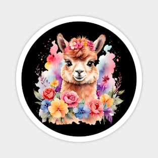 An alpaca decorated with beautiful watercolor flowers Magnet